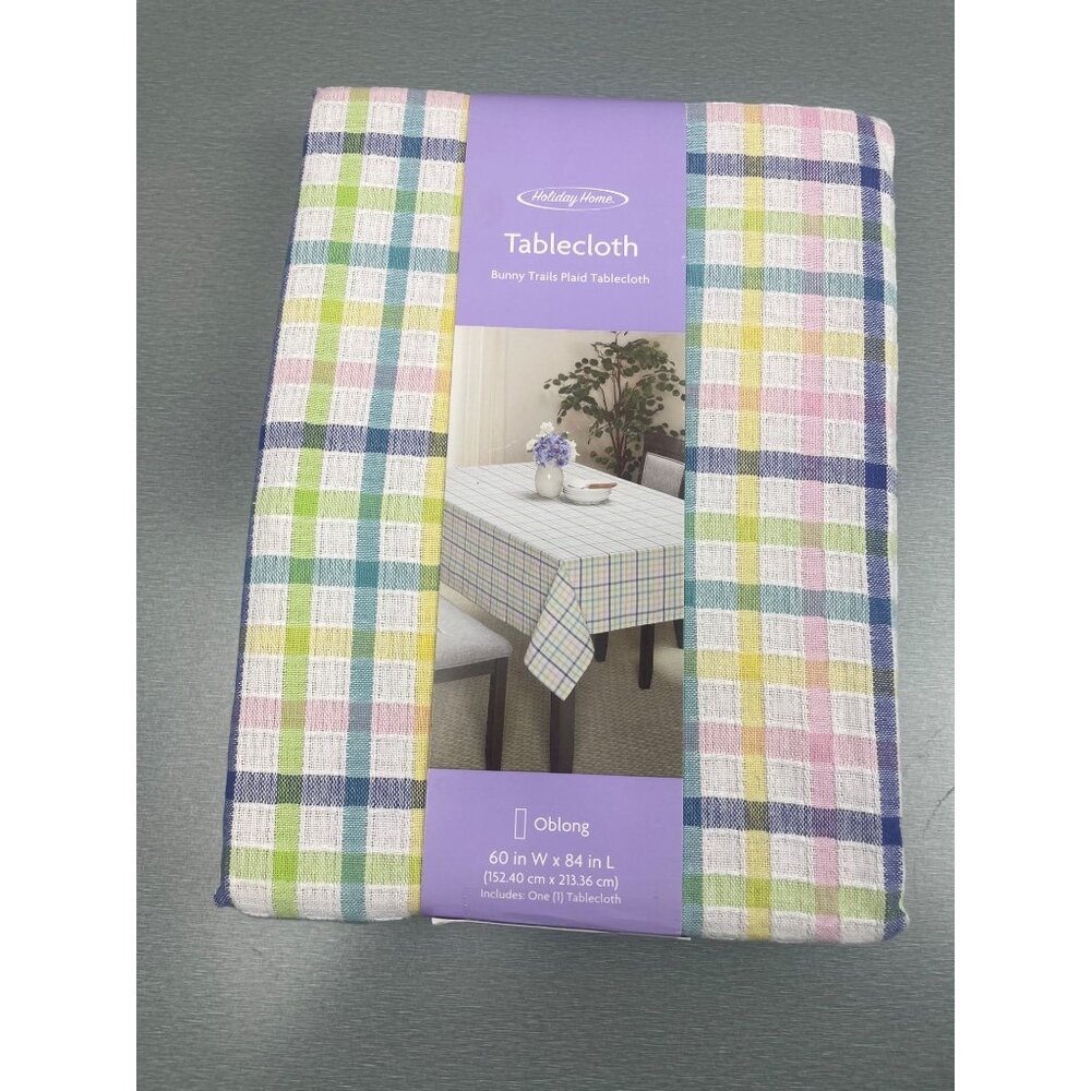 HOLIDAY HOME Spring Easter Cotton  Yellow Pink  Plaid Tablecloth  OBLONG 60''X8"